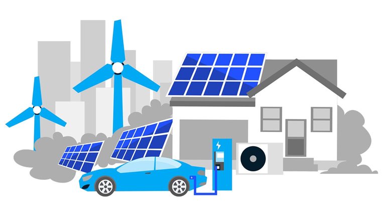 Electric car at charging station parked nearby house with solar panels