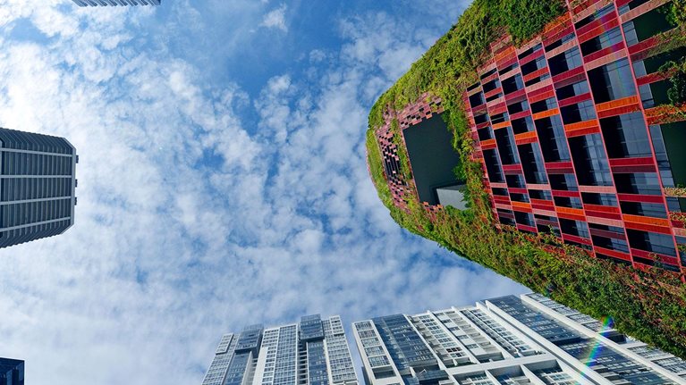Blue and green high-rise buildings