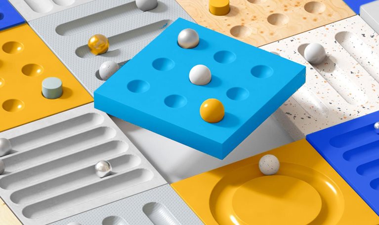 A multilayered puzzle with numerous labyrinth balls maneuvering through ever-shifting, multi-colored mazes, symbolizing the overarching theme of a significant transition.