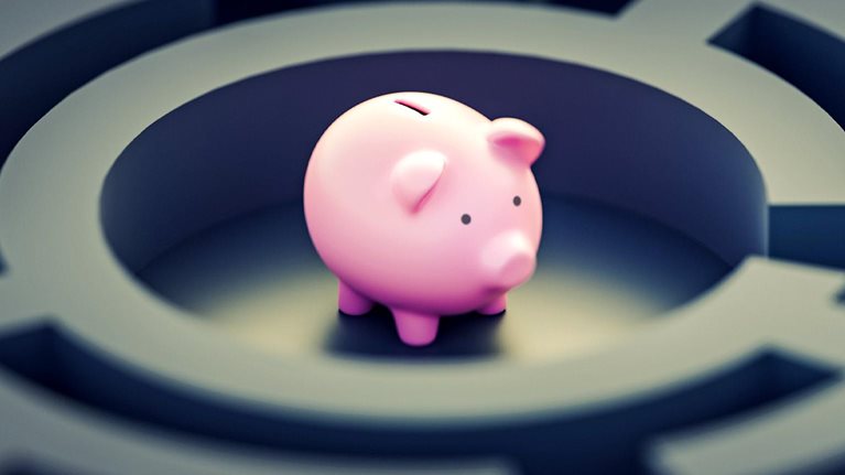 A pink piggy bank at the center of a gloomy gray maze.