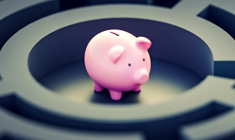 A pink piggy bank at the center of a gloomy gray maze.