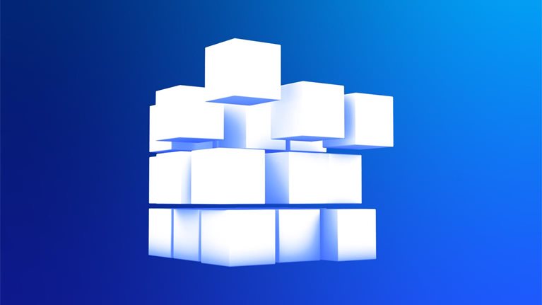 White cubic blocks arranged in a cube shape where some blocks appear to be moving