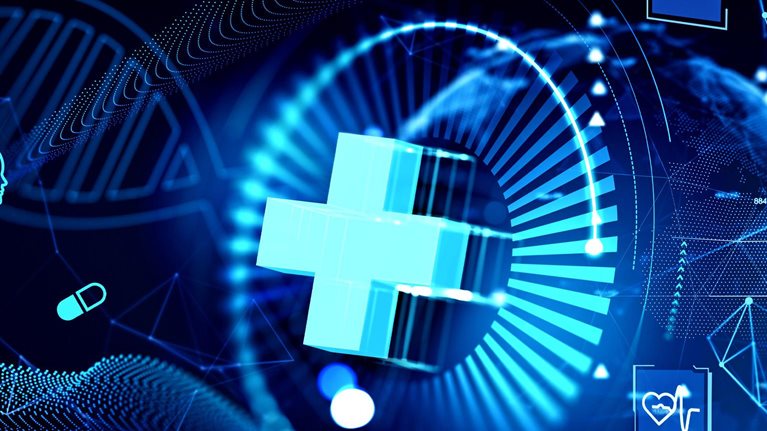 In the middle of the picture, there is a bright healthcare cross that is surrounded by medical and artificial intelligence symbols against a dark blue background.