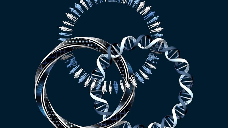 three interlocking circles with data, dna, and people - illustration