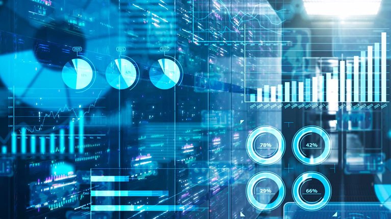 Futuristic server room with flowing digital data in the air. - stock photo