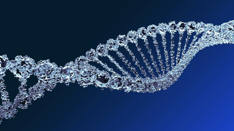 DNA double helix in glass on blue background