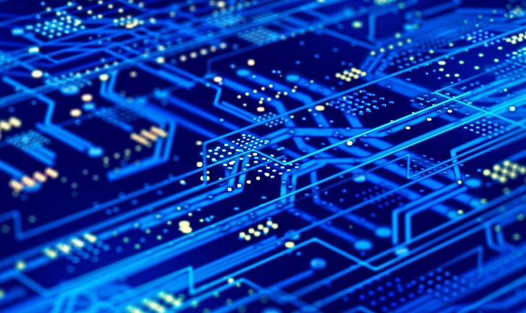 Futuristic circuit board on a dark blue background