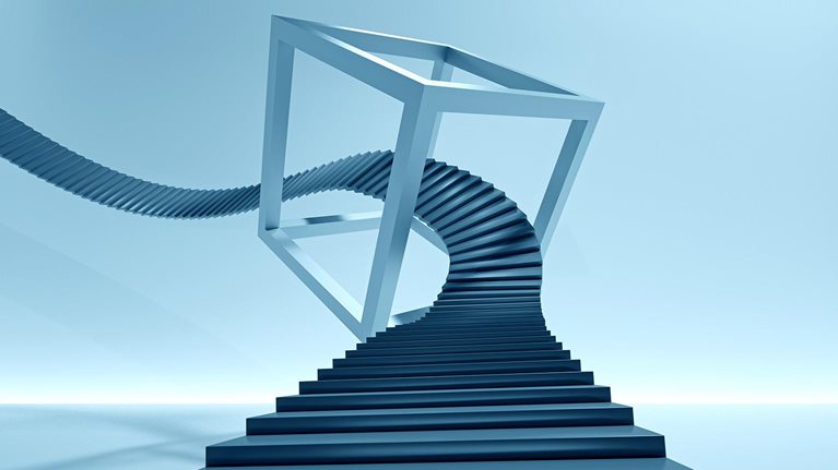 Abstract image of stairs twisting and spiraling through a cube