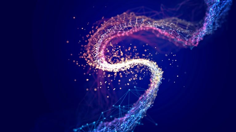 Pink and light blue network and data dots connected on a dark blue background.