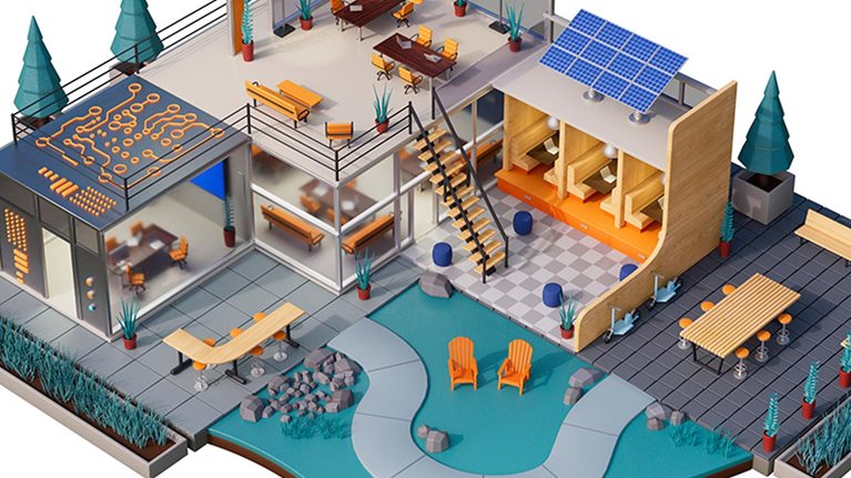 A modern interior with diverse workspaces for individuals and groups, featuring abundant plants, a cozy ambiance, and cutting-edge technology to inspire creativity and productivity.