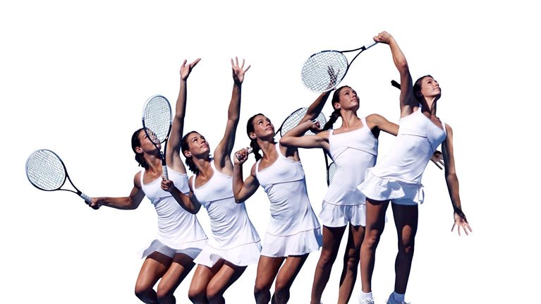 Progression of a woman serving a tennis ball