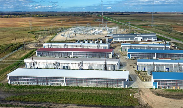 Aerial shot of a data center warehouse in a remote location in Stutsman County, North Dakota.
