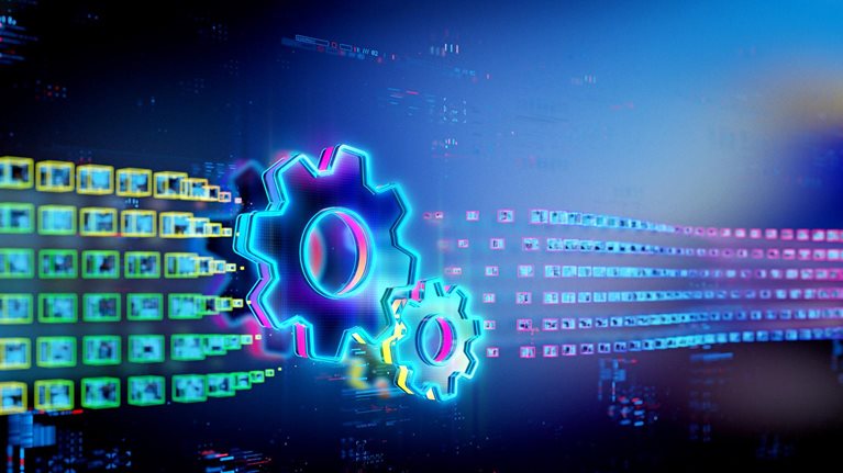 A pair of digital gears depicted on a linear ribbon made of small squares representing progress radiating from them. These gears and squares are highlighted in neon blue, purple, and green, contrasted against a dark blue backdrop.