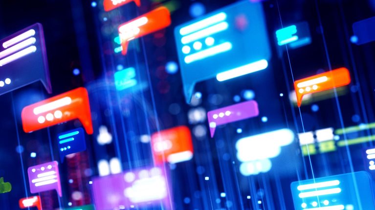 A 3D image depicting a network of digital communication and AI, represented by colorful chat bubbles floating above a blue digital landscape.