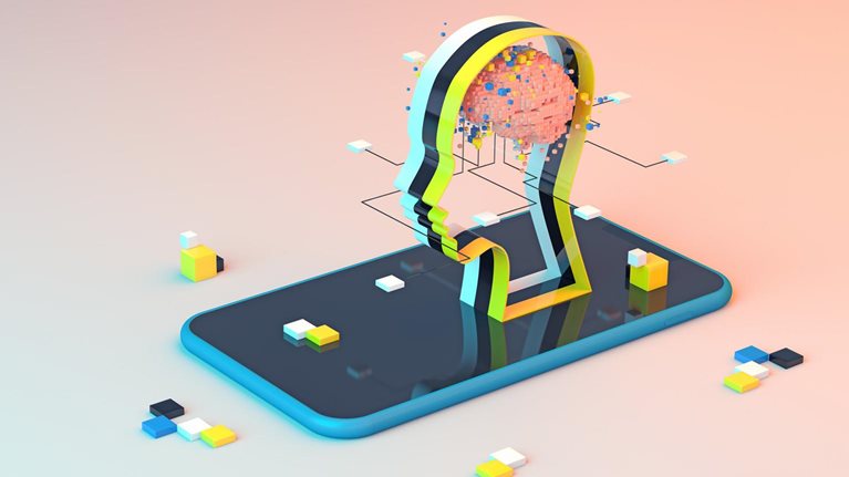 Abstract 3D representation of artificial intelligence: a stylized silhouette of a head with a pixelated brain placed atop a cell phone, surrounded by a network emanating from the head.