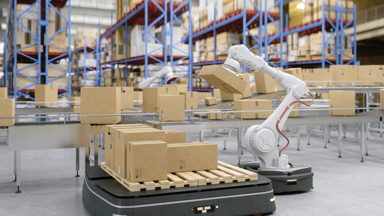 photo of robot loading pallet in warehouse