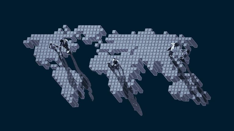 Top view of 3 pairs of people talking, while standing on world map, painted on asphalt - stock photo