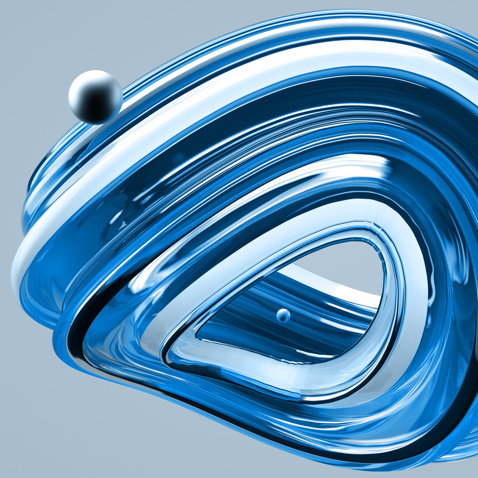 Digital generated image of abstract semi transparent curved shape with orange and pink glowing stripes on beige background.