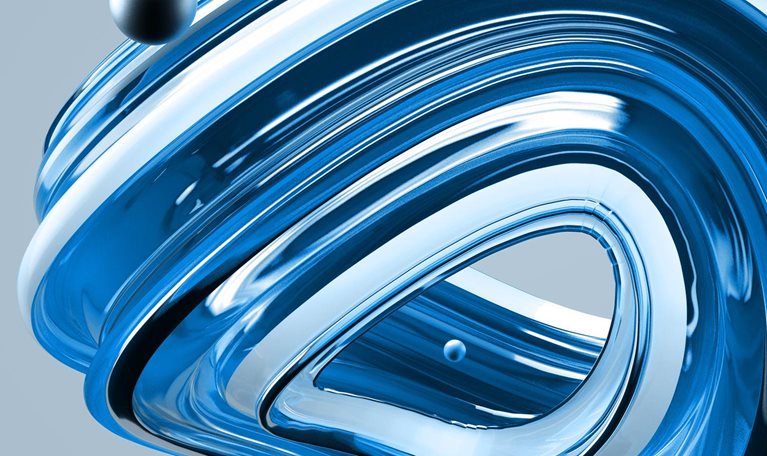 Digital generated image of abstract semi transparent curved shape with orange and pink glowing stripes on beige background.