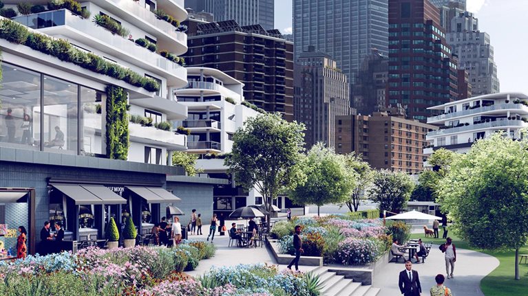 A photorealistic scene of a mixed-use development with older office buildings looming in the background.  The foreground is bustling with shoppers and office professionals walking along wide sidewalks alongside multistory buildings with stores and eateries on the lower levels and offices and apartments above them.