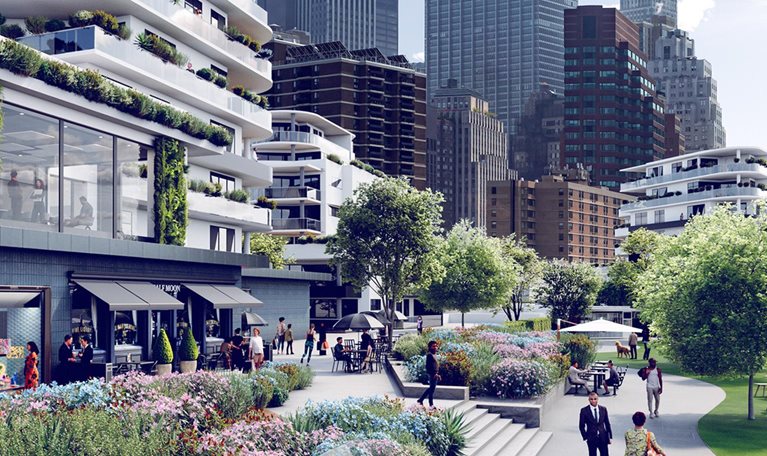 A photorealistic scene of a mixed-use development with older office buildings looming in the background.  The foreground is bustling with shoppers and office professionals walking along wide sidewalks alongside multistory buildings with stores and eateries on the lower levels and offices and apartments above them.