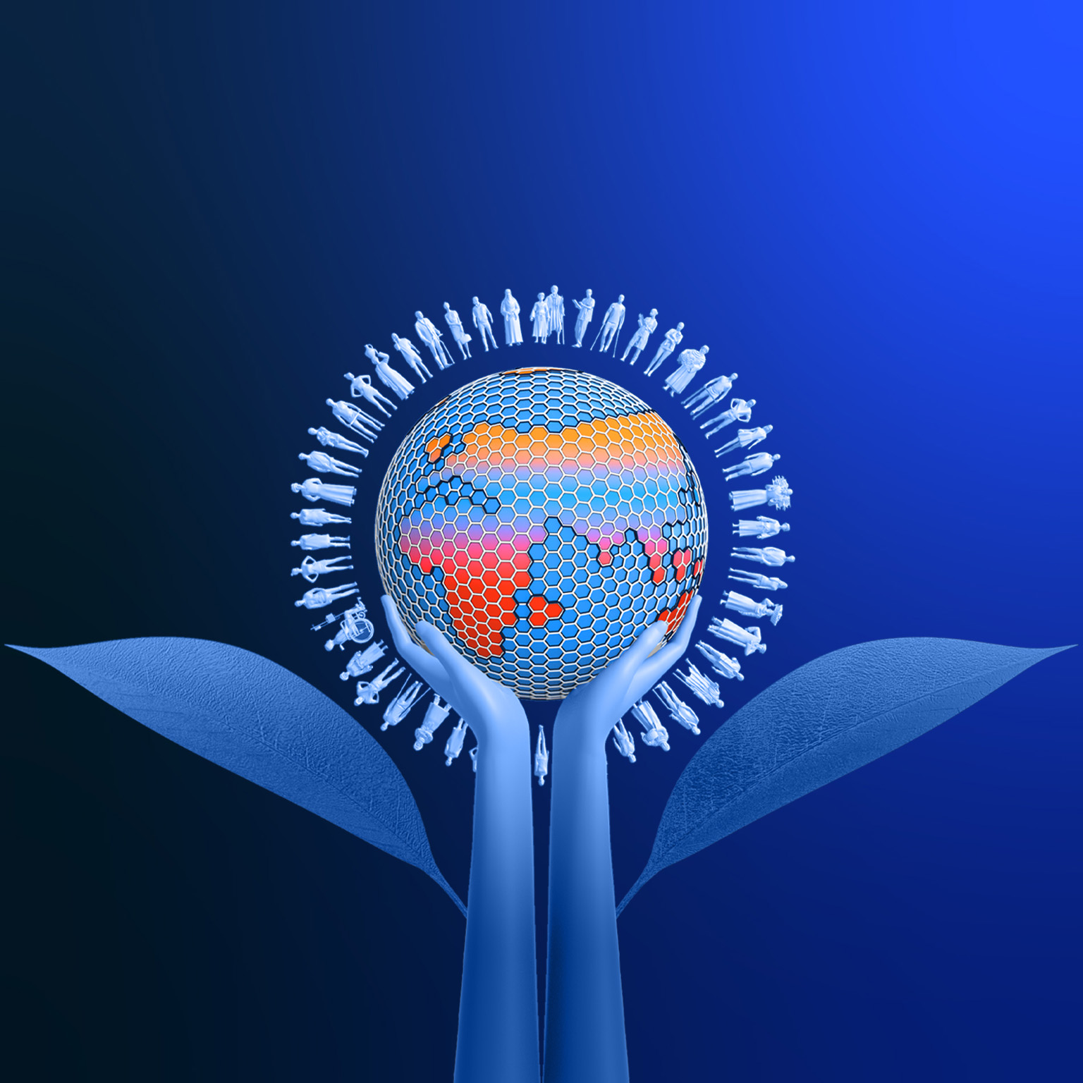 Two arms extend toward the middle of the image with a turning globe cradled in their hands. Two large leaves stretch out from either side of the arms and softly move as if in a breeze. The image resembles a flower, with the outstretched arms the stalk and the ring of people the petals. 