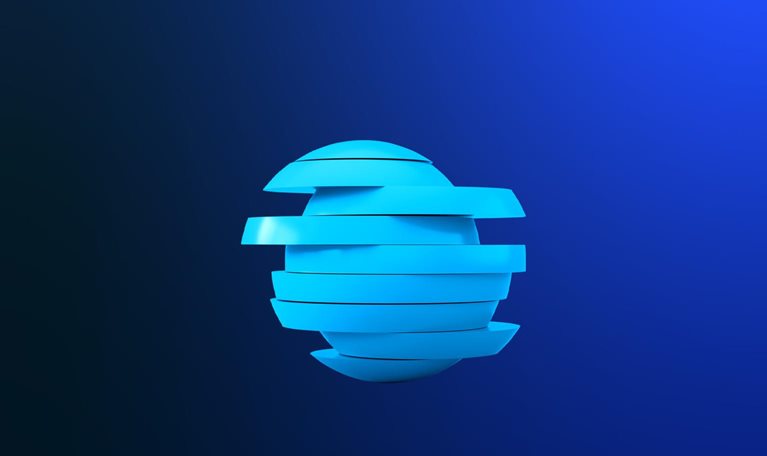 A sliced layered blue sphere on a dark blue gradiated background.