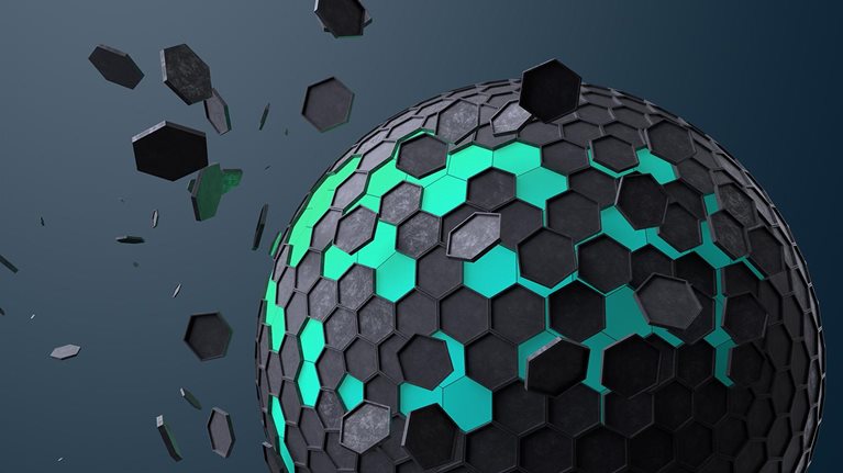 Image of a spinning sphere with dark hexagon shapes peeling off and floating away revealing a green sphere underneath.