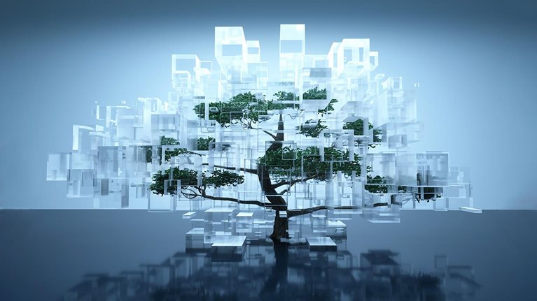 Digitally generated image of a tree inside glass containers on a blue background