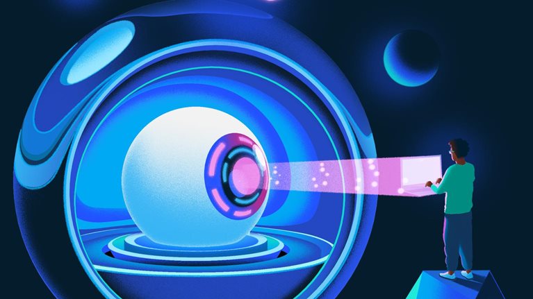 An illustration of an eyeball with a digital iris, sitting inside a larger sphere whose front half is open. Three-dimensional geometric shapes float near the top and to the left of the sphere. A person holding a laptop is positioned to the right of the sphere and stands atop a three-dimensional polygon. A light shines from the center of the iris to the laptop.