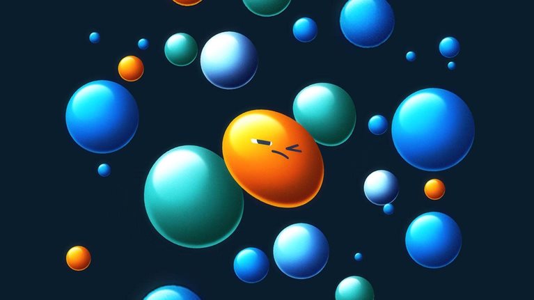 An animation shows a group of hovering three-dimensional spheres of different sizes and colors. The spheres surround an orange emoji-like sphere, representing a middle manager. The emoji-like sphere wears various strained facial expressions as different groups of spheres crush it from opposite directions.